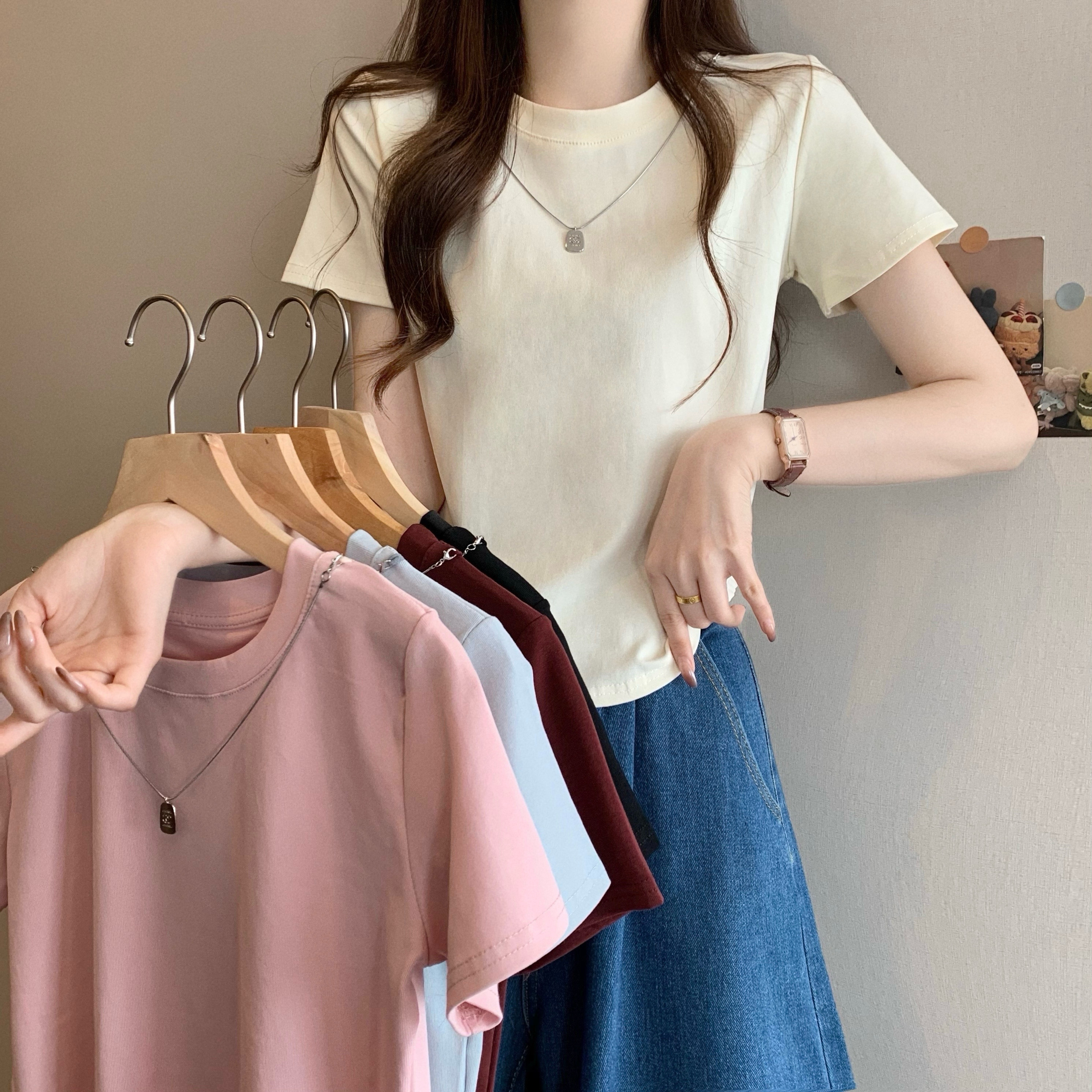 Real shot, new Korean style design, shoulder-length slim short-sleeved T-shirt