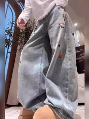 韓國chic美式復古水洗刺繡直筒牛仔褲女春季高腰顯瘦闊腿褲ins潮