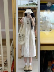 無袖連衣裙女春季新款溫柔度假風減齡中長款蕾絲鈎花背心裙子