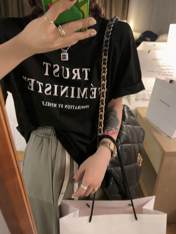 Slim black loose short-sleeved T-shirt for women in summer 2025 summer new simple letter T-shirt temperament Korean style...