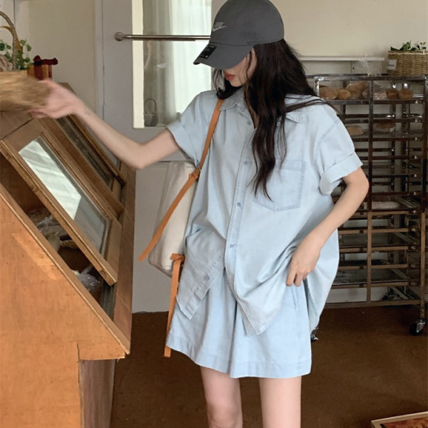 Korean loose wash denim short-sleeved thin shirt top for women's summer casual versatile denim sports shorts set