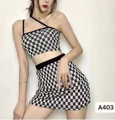 2025套裝夏款棋盤掛脖不規則格子美背吊帶背心短款打底上衣女