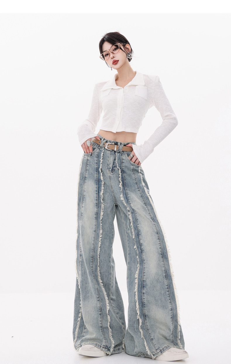 Korean American retro fur-edged tassel design wide-leg jeans for women 2025 spring and summer loose straight floor trousers