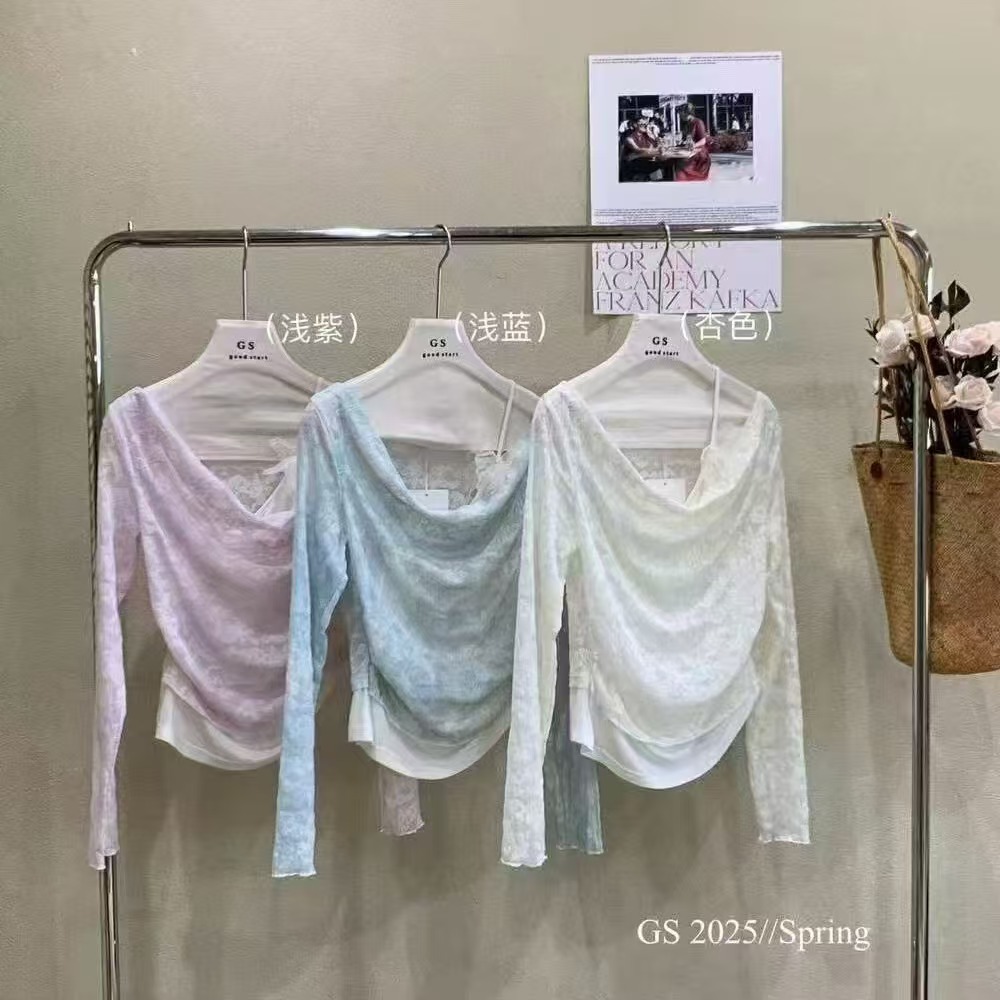 gs butterfly swing neck lace long-sleeved top for women's spring new design sense fake two sweet off-shoulder slim shirts