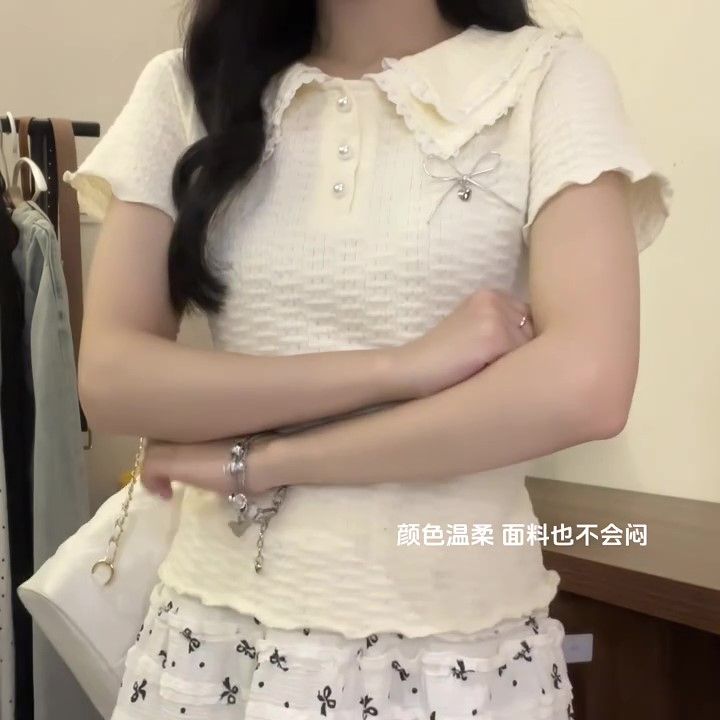 韓國chic蝴蝶結蕾絲娃娃領針織短袖T恤女甜美小清新修身短款上衣