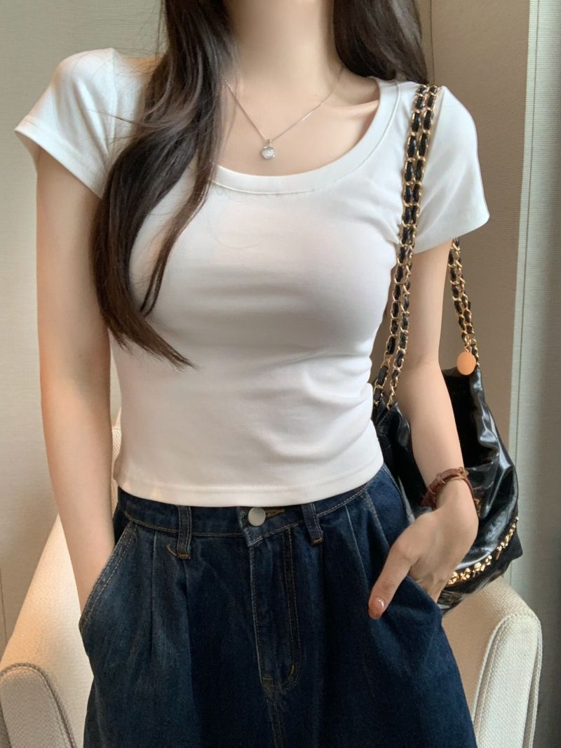 2025 new model 40 pure cotton 210g 92 cotton/8 spandex T-shirt for women short-sleeved large round neck U-neck
