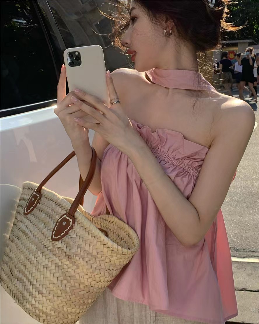 甜美減齡粉色無袖背心女夏季外穿內搭小個子純欲掛脖吊帶短款上衣