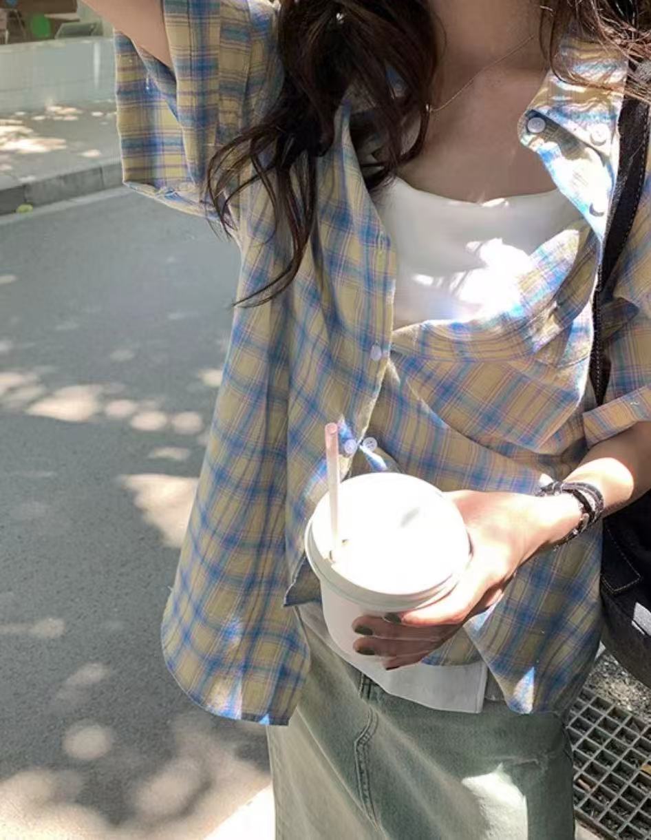 Korean colored plaid short-sleeved sunscreen shirt for women new style loose and versatile bf lazy style casual top