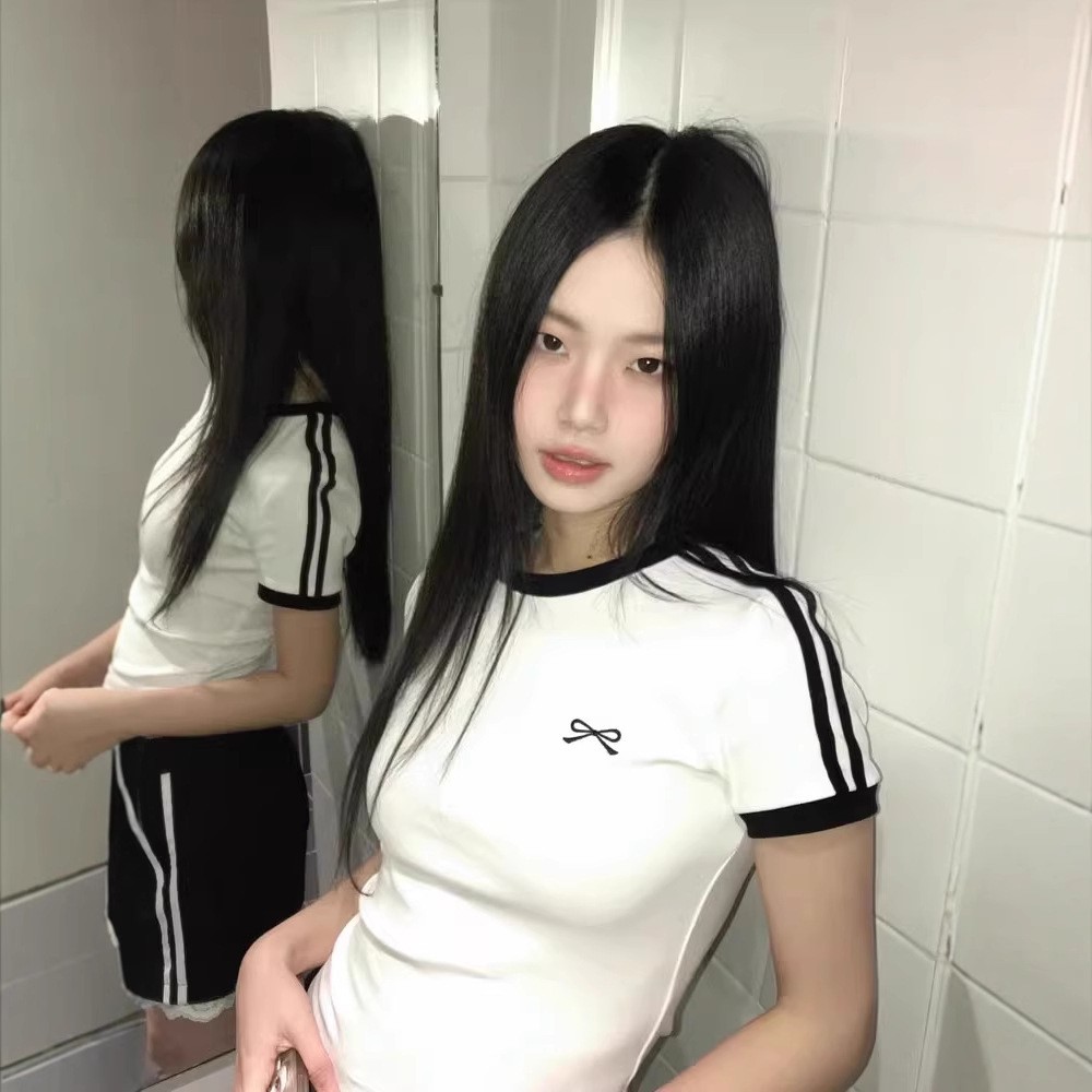 韓國chic後包領夏季新款韓版條杆美式印花辣妹修身正肩短袖t恤女