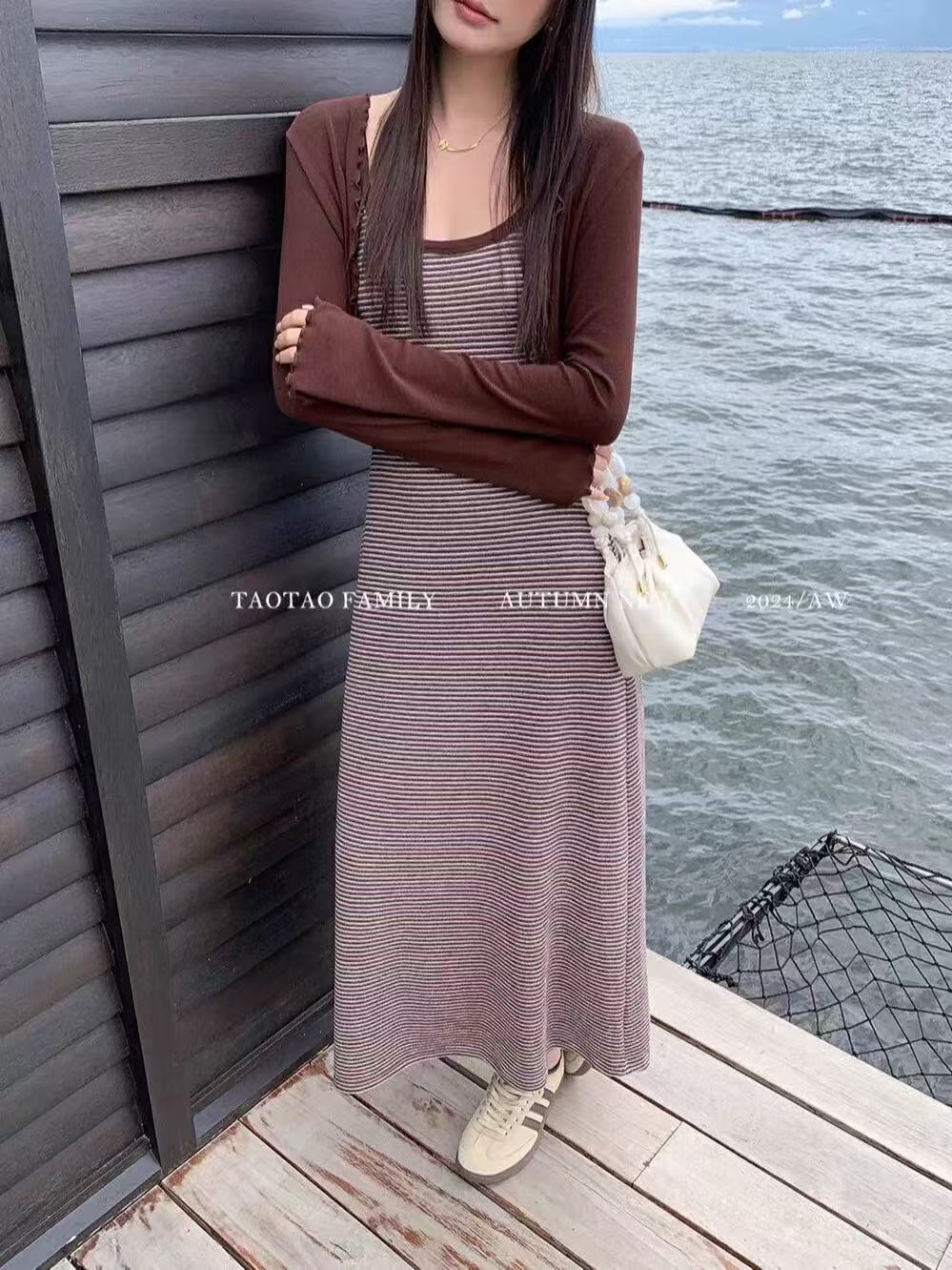 Non-real photo, lazy style French pinstripe suspender dress, new spring and summer style, slim long skirt trendy