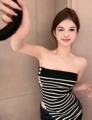 辣妹條紋針織吊帶背心女純欲性感一字肩抹胸打底衫上衣外穿