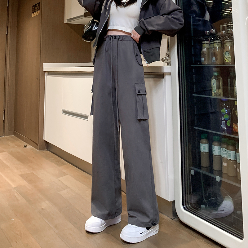 Real photo of washing cotton American work pants for women in spring and autumn loose high waist lazy drooping wide-leg casual pants