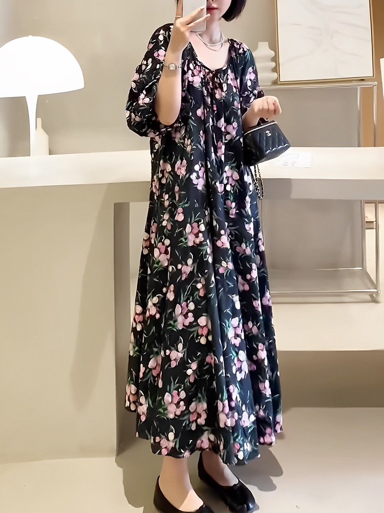 Design-sensual niche v-neck floral puff sleeve dress for women new French retro high waist slim long skirt