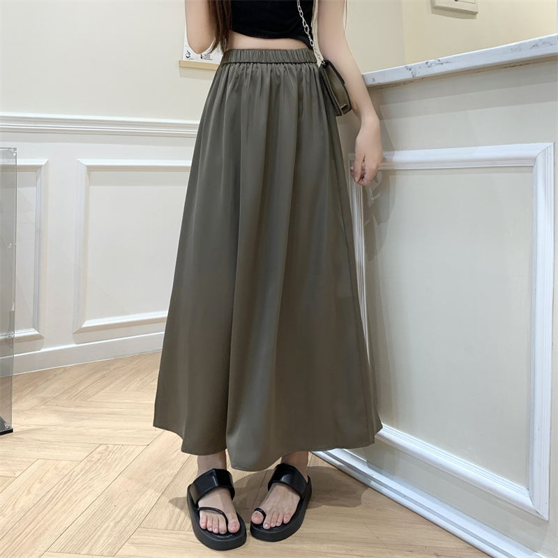 Real photo of acetic acid skirt high-end summer new draped French long A-line skirt satin midi skirt