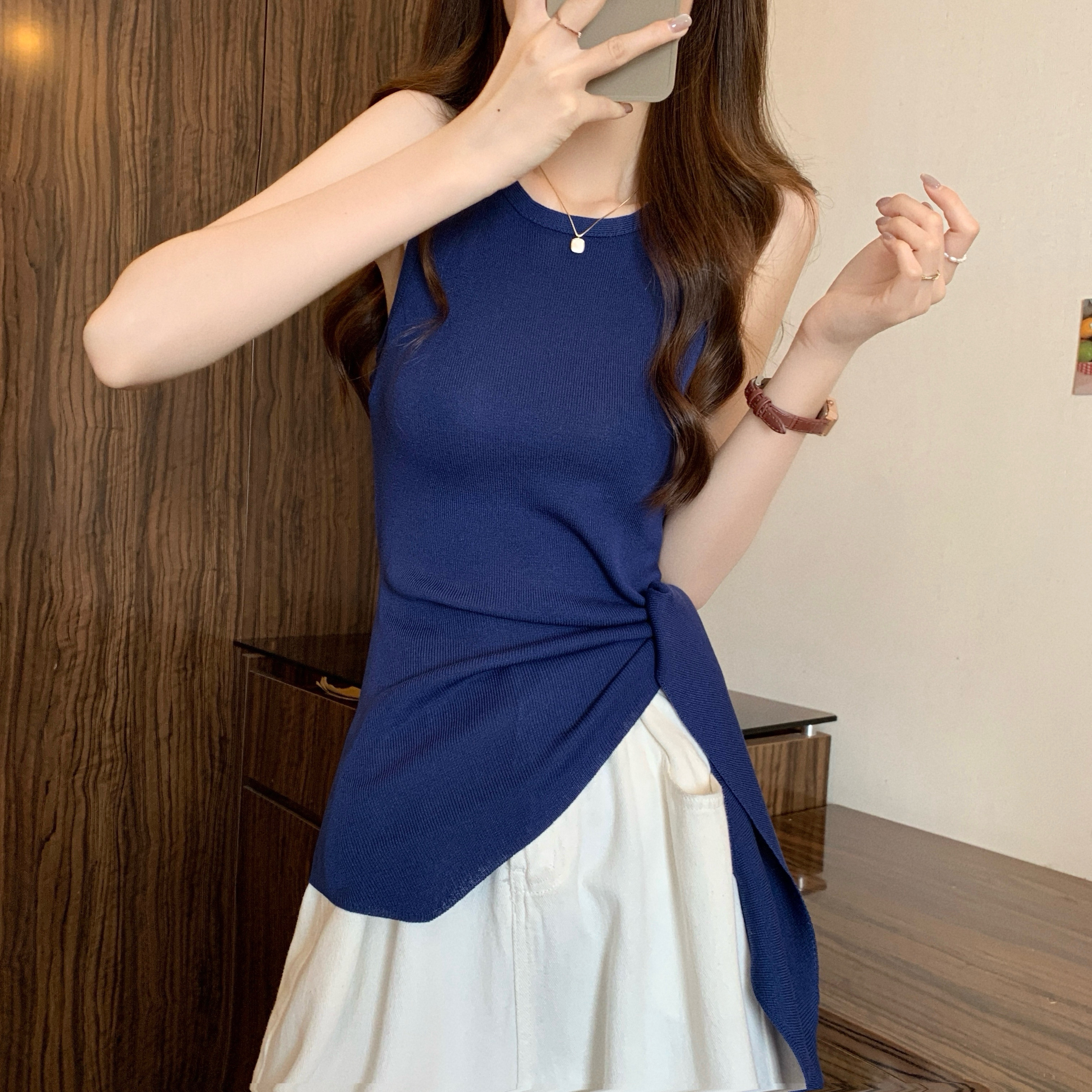Real shot of the new Korean style design with irregular side bow sleeveless knitted sweater
