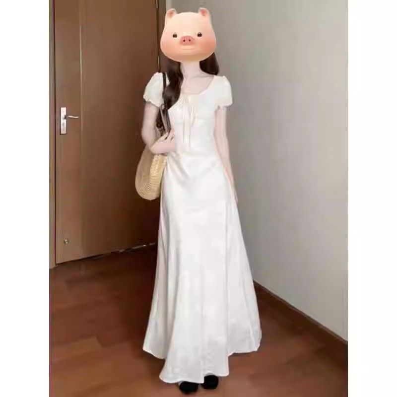 法式V領碎花連衣裙女夏季新款初戀掐腰顯瘦高檔長款開叉長裙小眾