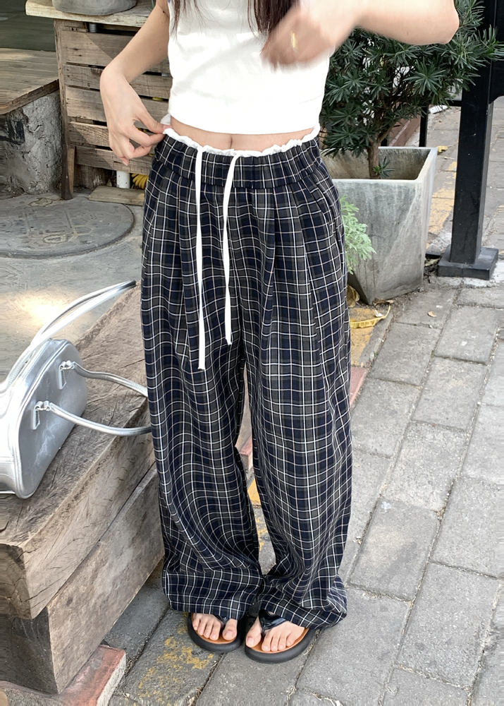 Real shot of white lace plaid pants retro high waist loose slimming wide-leg casual pants