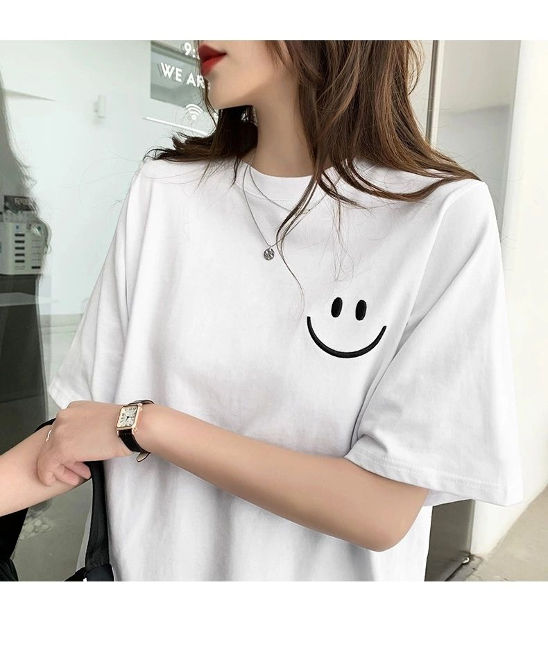 White short-sleeved T-shirt for women ins trendy Korean loose mid-length smiley top