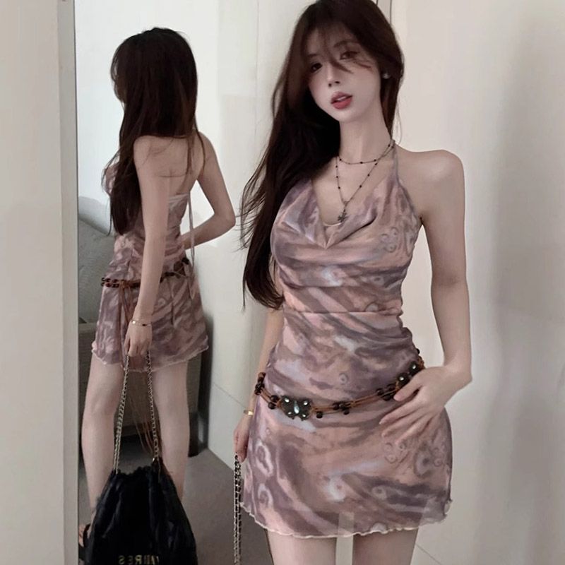 扎染掛脖連衣裙女裝夏美式收腰短裙辣妹性感a字裙子上衣