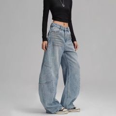 韓國chic大碼彎刀牛仔褲女春季新款美式胖mm寬鬆高腰顯瘦直筒長褲
