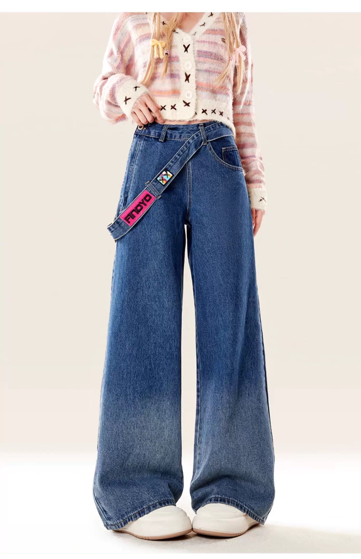 Korean side zipper blue gradient jeans for women in summer new small American straight wide-leg trousers