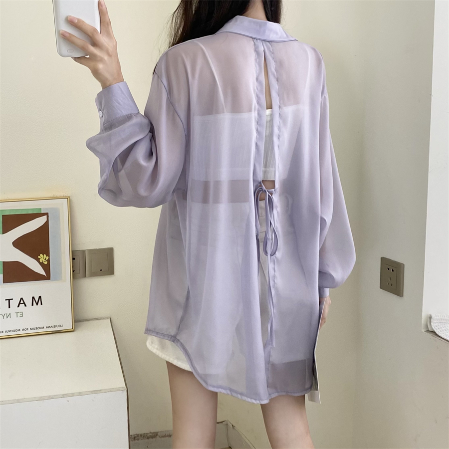 Real photo 2025 summer air conditioner shirt sunscreen shirt design sense little trick on the back of the pearlescent snowproof shirt for women
