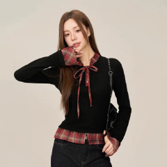 韓國chic假兩件撞色拼接長袖T恤女春季新款修身收腰顯瘦打底上衣