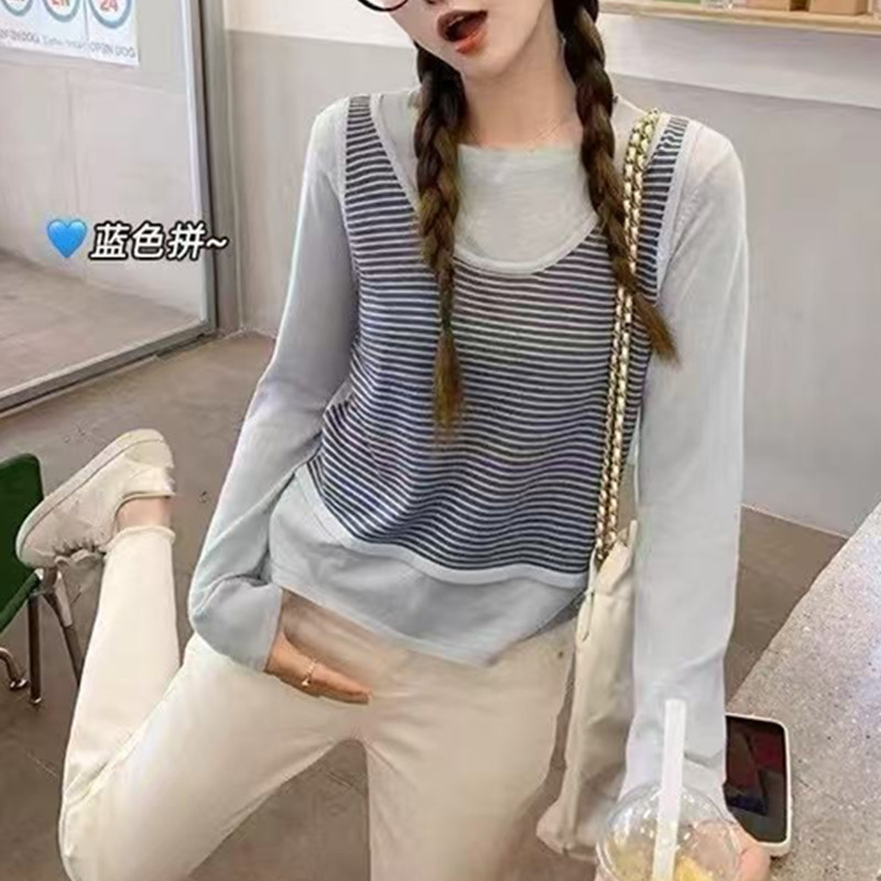 Non-real photo shoot, spring and Korean round neck bottomed long sleeve fake two-piece knitted tops with unique and fashionable design