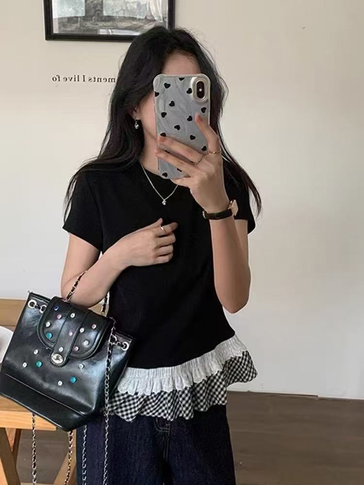 Pure lustrous ruffled short-sleeved T-shirt for women in summer round neck niche design layered inner bottom shirt top