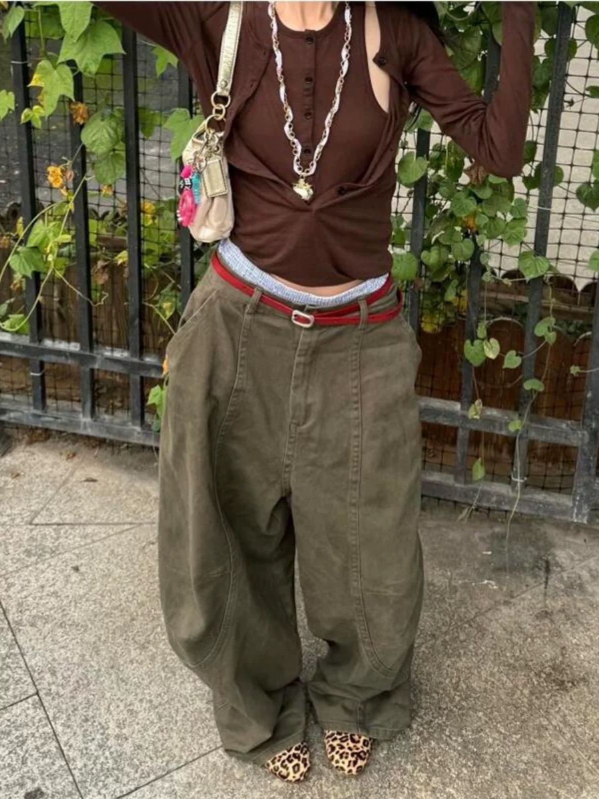 American retro military green scimitar pants for women street high-end loose silhouette floor loose denim work pants