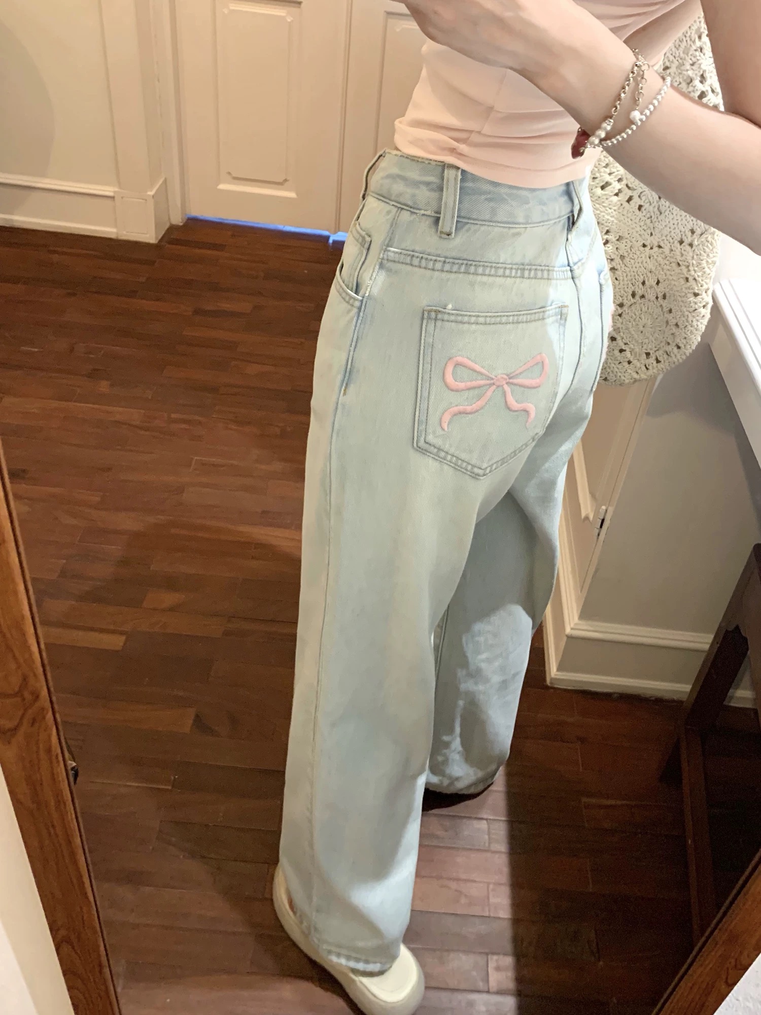First Dream POKEMENG Bow Party Ballet style embroidered light blue denim wide-leg pants washed and made into old