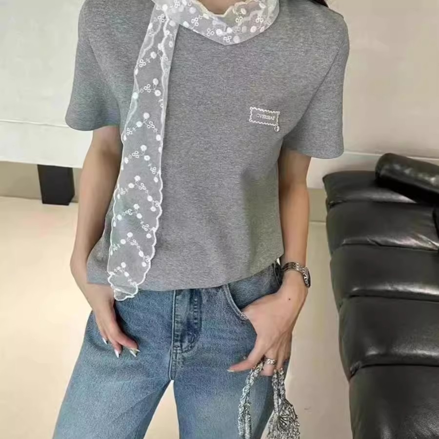 純棉 韓國chic字母小標洋氣百搭蕾絲絲巾短袖T恤女新款打底衫上衣