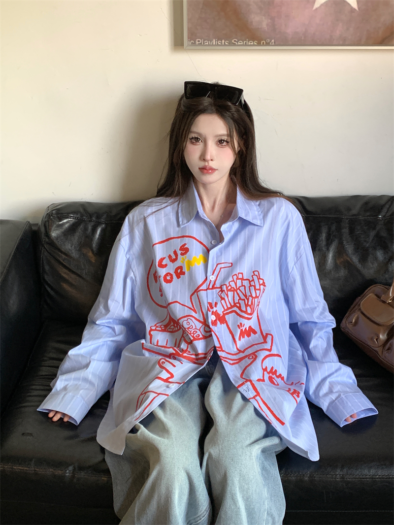 Real photo Korean American chic long-sleeved shirt spring and summer thin loose design cartoon printed casual shirt
