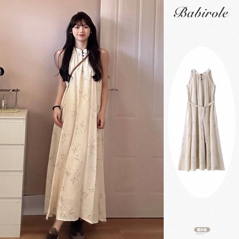 New Chinese style sleeveless neck dress for women in summer new lace-up design loose long skirt national style skirt