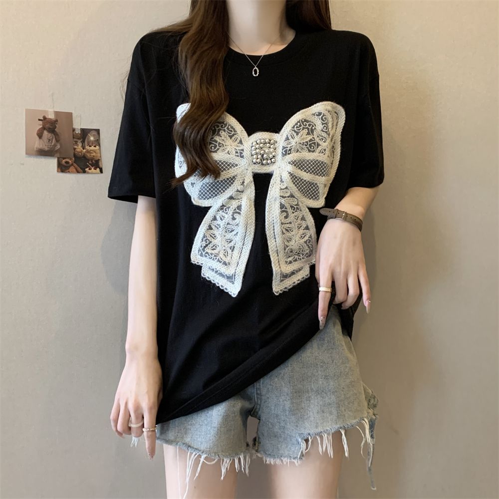 Real shot 32 double yarns 230g bow short-sleeved T-shirt for women loose embroidered nail beads