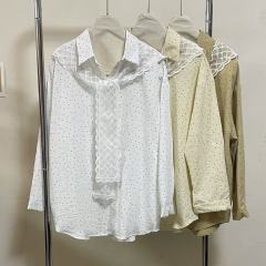 Korean version with lace shawl for spring and summer POLO collar dot shirt for long sleeves for women loose and versatile slim ins