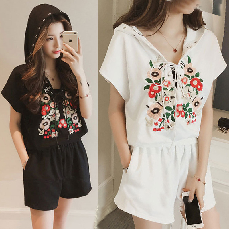 M--4XL fashion large size women's clothing Korean version loose slim casual hooded two-piece shorts suit women