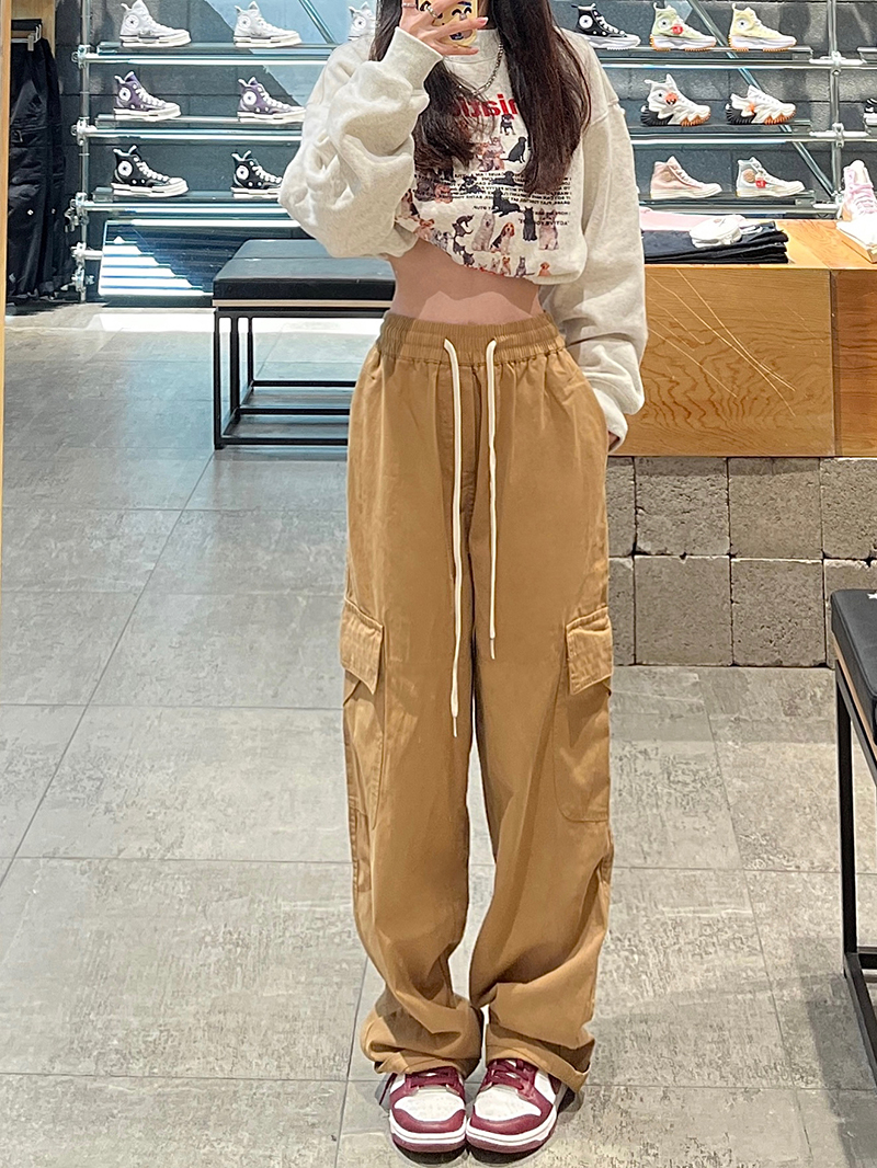 Real photo pure cotton spring new straight-leg casual trousers trendy loose work pants for women