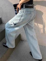 韓國chic壓褶設計感彎刀牛仔褲女春夏新款寬鬆顯瘦水洗牛仔闊腿褲