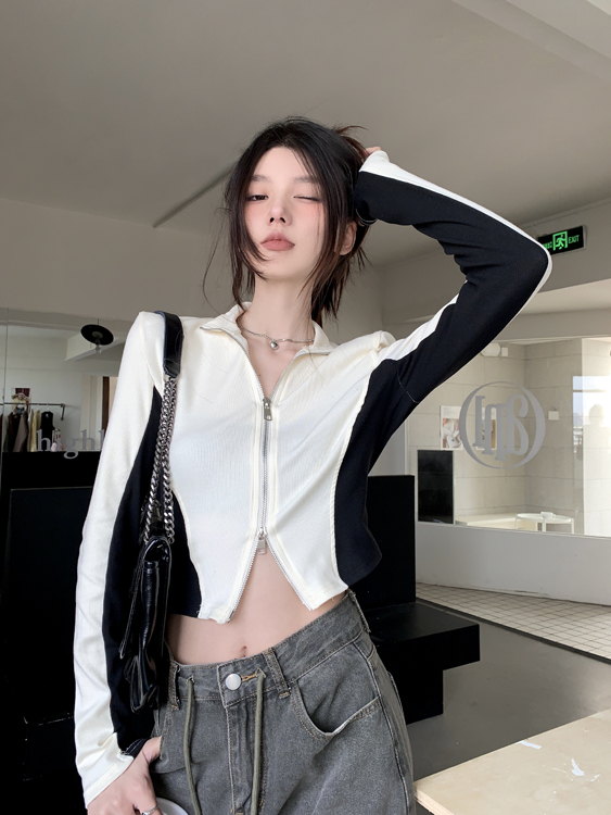 Real shot of American contrasting double zipper cardigan short hot girl jacket