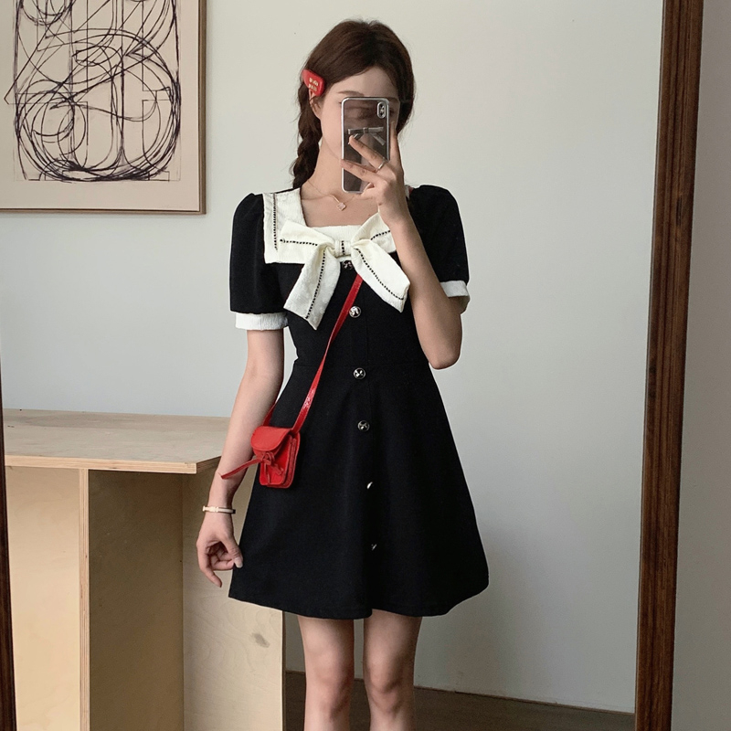 Real-life fat mm high waist bow square neck short sleeve large size dress for women in spring and summer