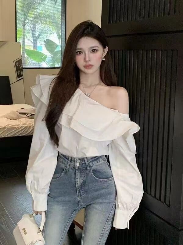 荷葉邊露肩襯衫女裝新款春法式設計感小眾氣質長袖一字肩上衣