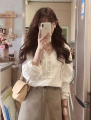 早秋季新款獨特别致小眾長袖上衣女春秋內搭白色襯衫襯衣薄款