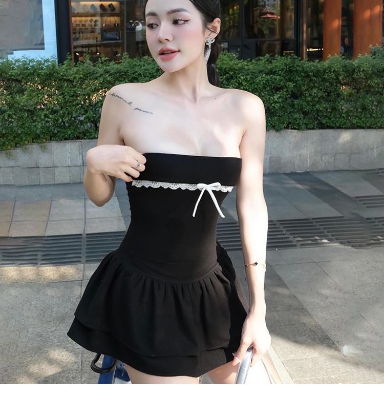 KLIOU 可甜可鹽減齡蕾絲邊蝴蝶結抹胸連衣裙女收腰顯瘦辣妹蓬蓬裙