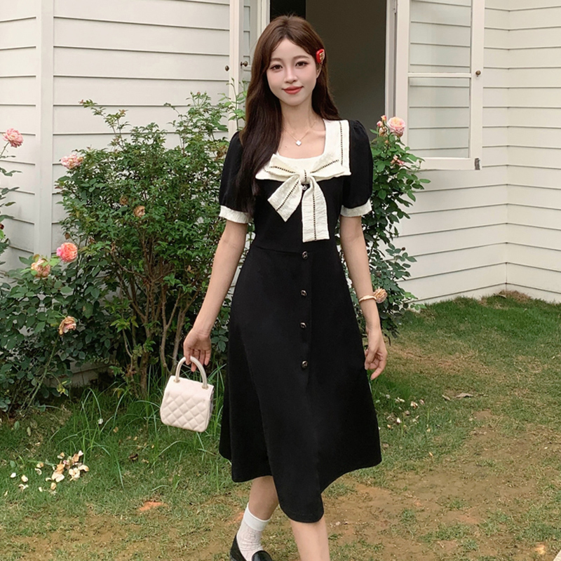 Real-life fat mm high waist bow square neck short sleeve large size dress for women in spring and summer