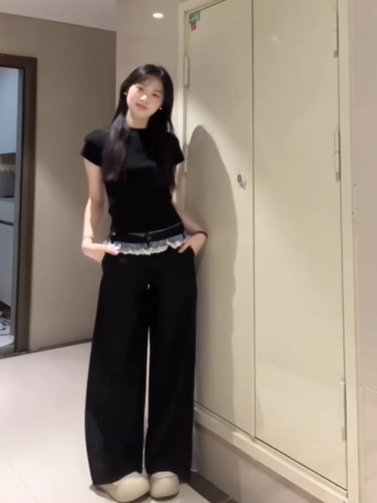韓國chic西裝腰頭拼接花邊雙腰頭休閒褲女2025新款寬鬆直筒闊腿褲