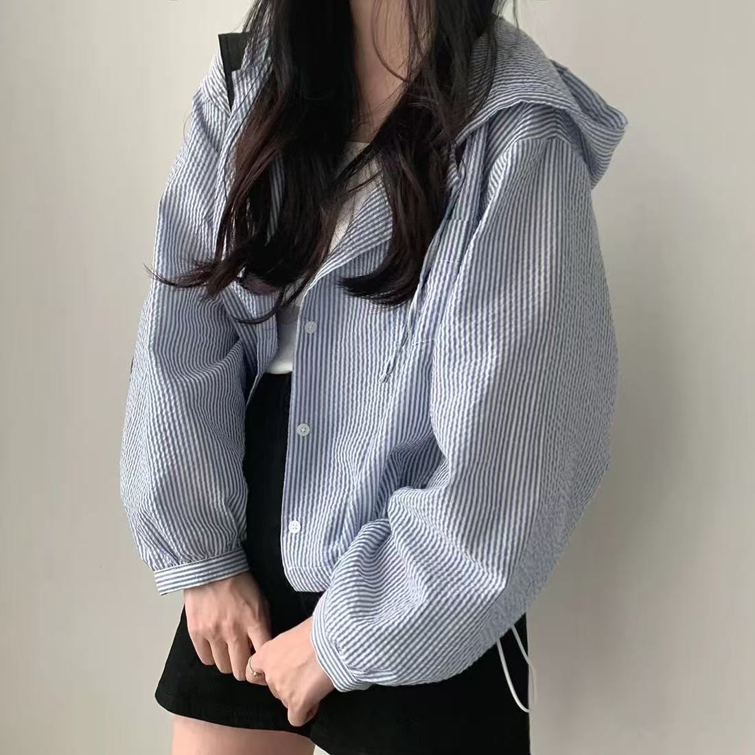 韓國chic早秋時尚氣質豎條紋撞色連帽系扣寬鬆休閒百搭短款外套女
