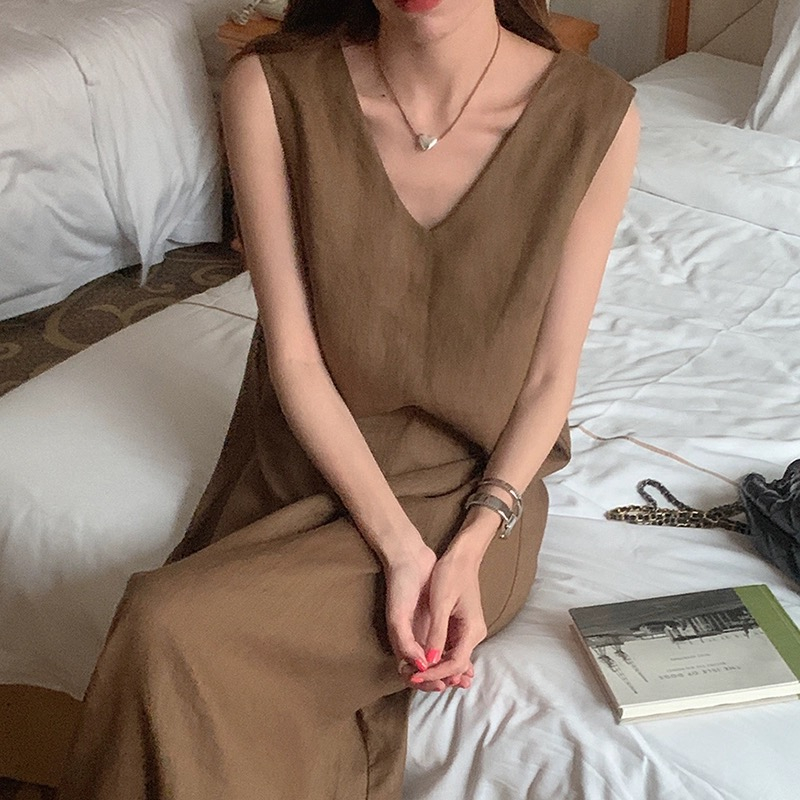 Korean chic summer niche temperament V-neck backless thin band loose casual solid color sleeveless vest dress for women