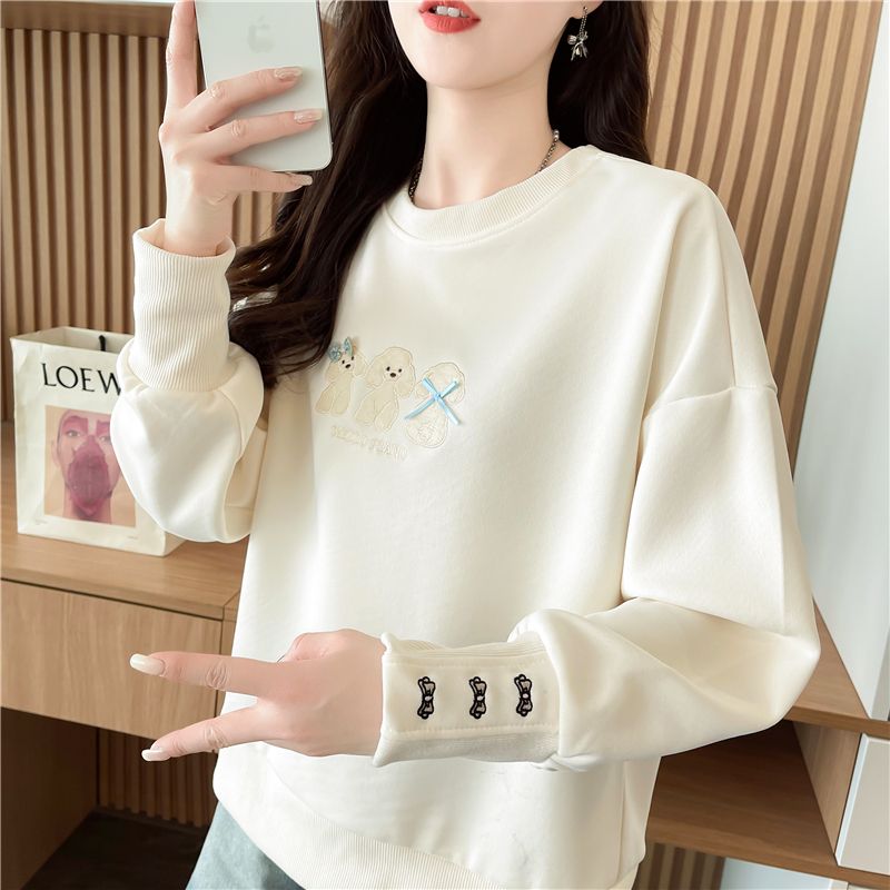 Real photo of the Korean style loose imitation cotton Chinese cotton embroidered thin sweatshirt for women