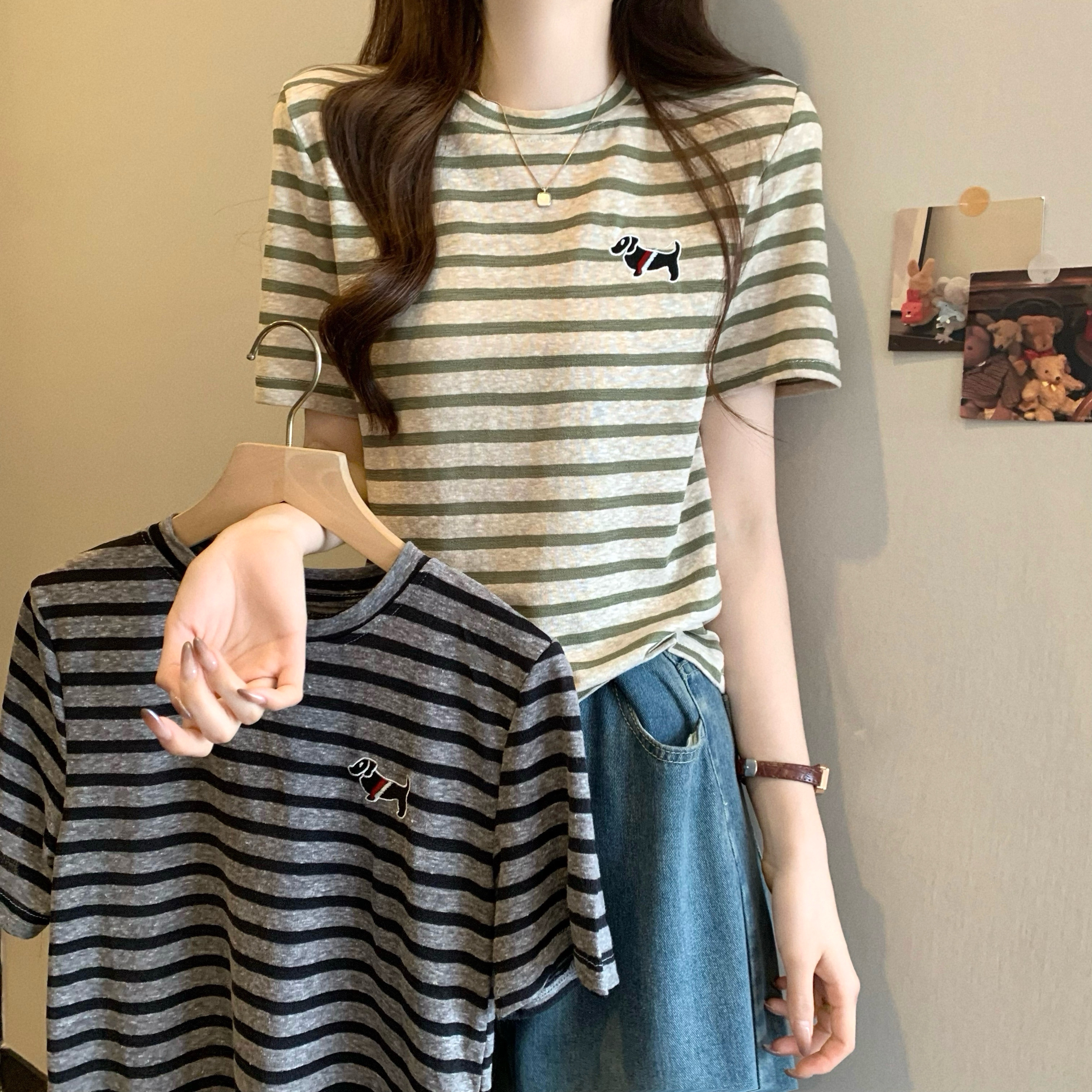 Real shot New Korean style simple round neck embroidered striped short-sleeved T-shirt